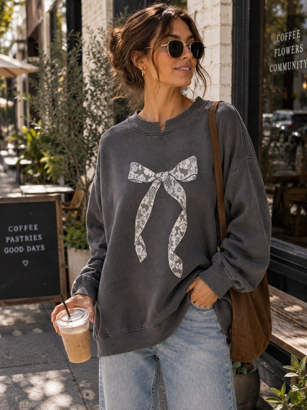 AERIE Big Chill Bow Gray Women’s Coquette Oversized Longline Sweatshirt Sz S